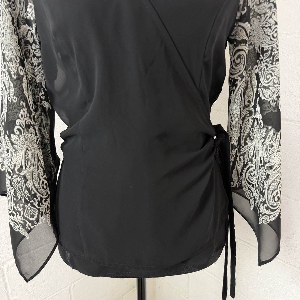 NY & Co Chiffon Wrap Top Black Sheer Asymmetric Sleeves Whimsigoth Dark Fairy S - Picture 4 of 14